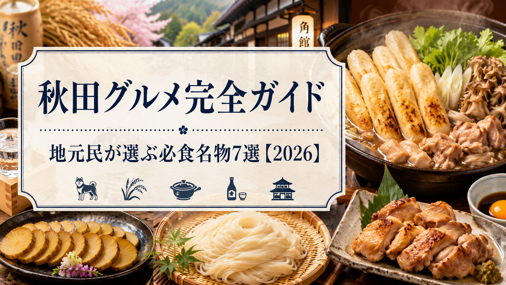秋田県の伝統的な和食の膳が並ぶ食事風景。焼き魚や煮物、ご飯、味噌汁といった郷土料理が、温かい雰囲気の木製テーブルに用意されており、秋田のグルメ体験を想像させます。