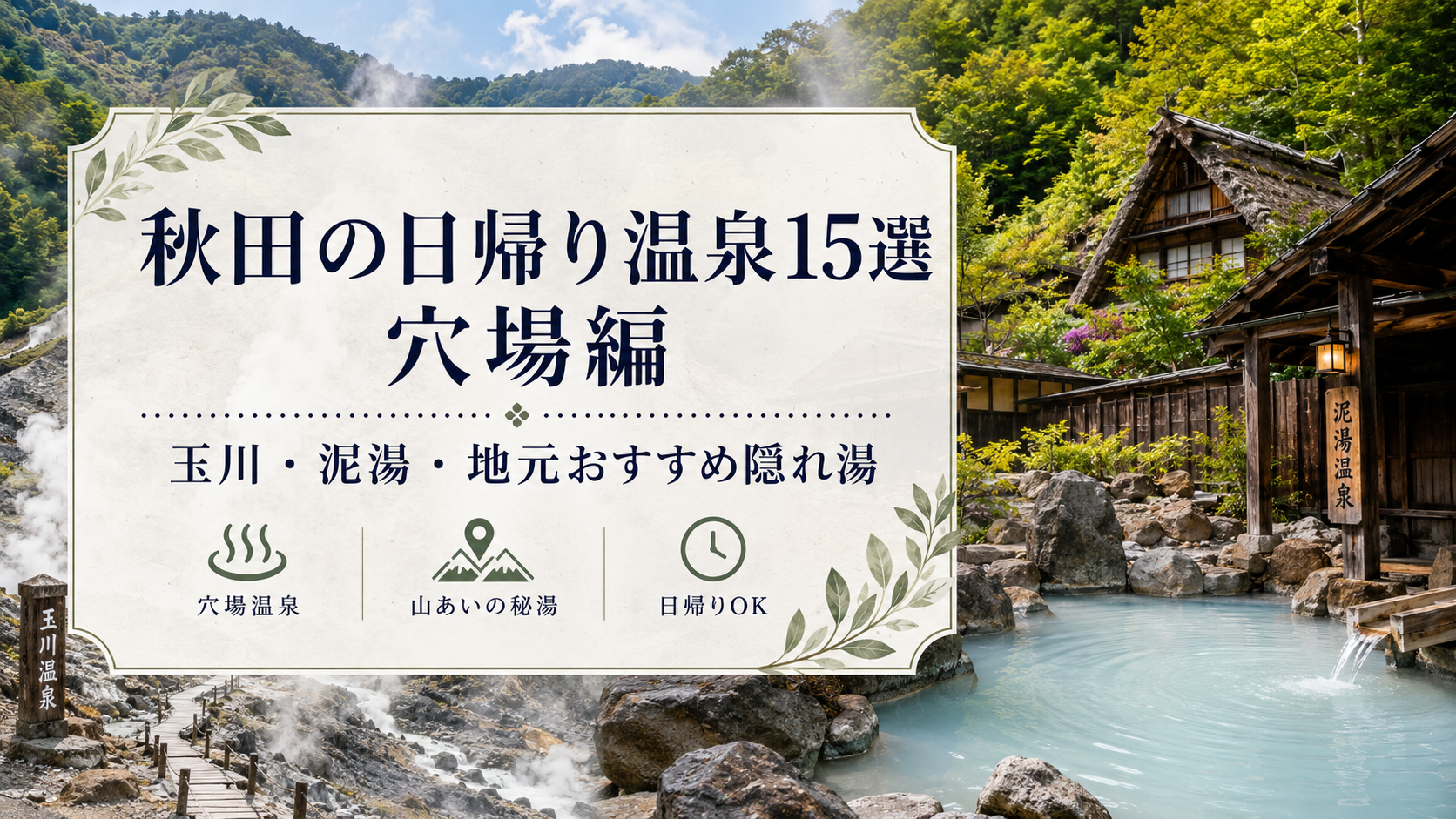 秋田の紅葉に囲まれた美しい露天風呂でくつろぐ女性。和風旅館の情緒あふれる雰囲気と湯気立つ温泉、雄大な山並みが魅力の日帰り温泉スポット。