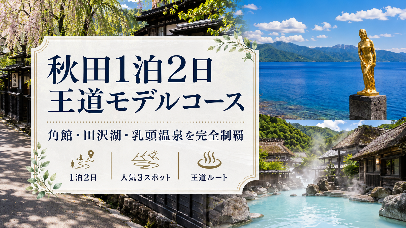 秋田の紅葉が美しい日本庭園。池に映る鮮やかな紅葉と奥に連なる山々が絶景を彩る。角館や田沢湖、乳頭温泉を巡る秋田1泊2日王道モデルコースの魅力を伝える画像。