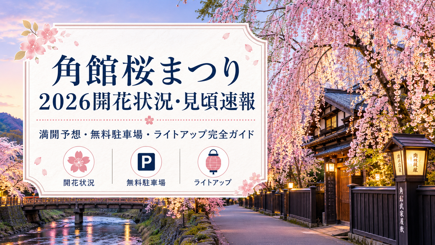 2026年の角館桜まつりの記事を彩る画像。満開の桜がアーチのように咲き誇る並木道を、舞い散る花びらの中、人々が散策。遠景には白い日本の城が美しく佇む、日本の春の絶景。
