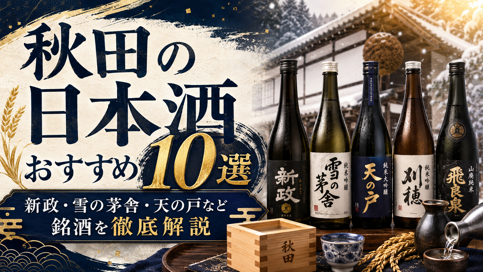 秋田の日本酒「新政」「雪の茅舎」「天の戸」など銘酒を徹底解説する記事のトップ画像。紅葉が鮮やかな秋の山々が水面に映る美しい自然の風景で、秋田の豊かな風土を表す。