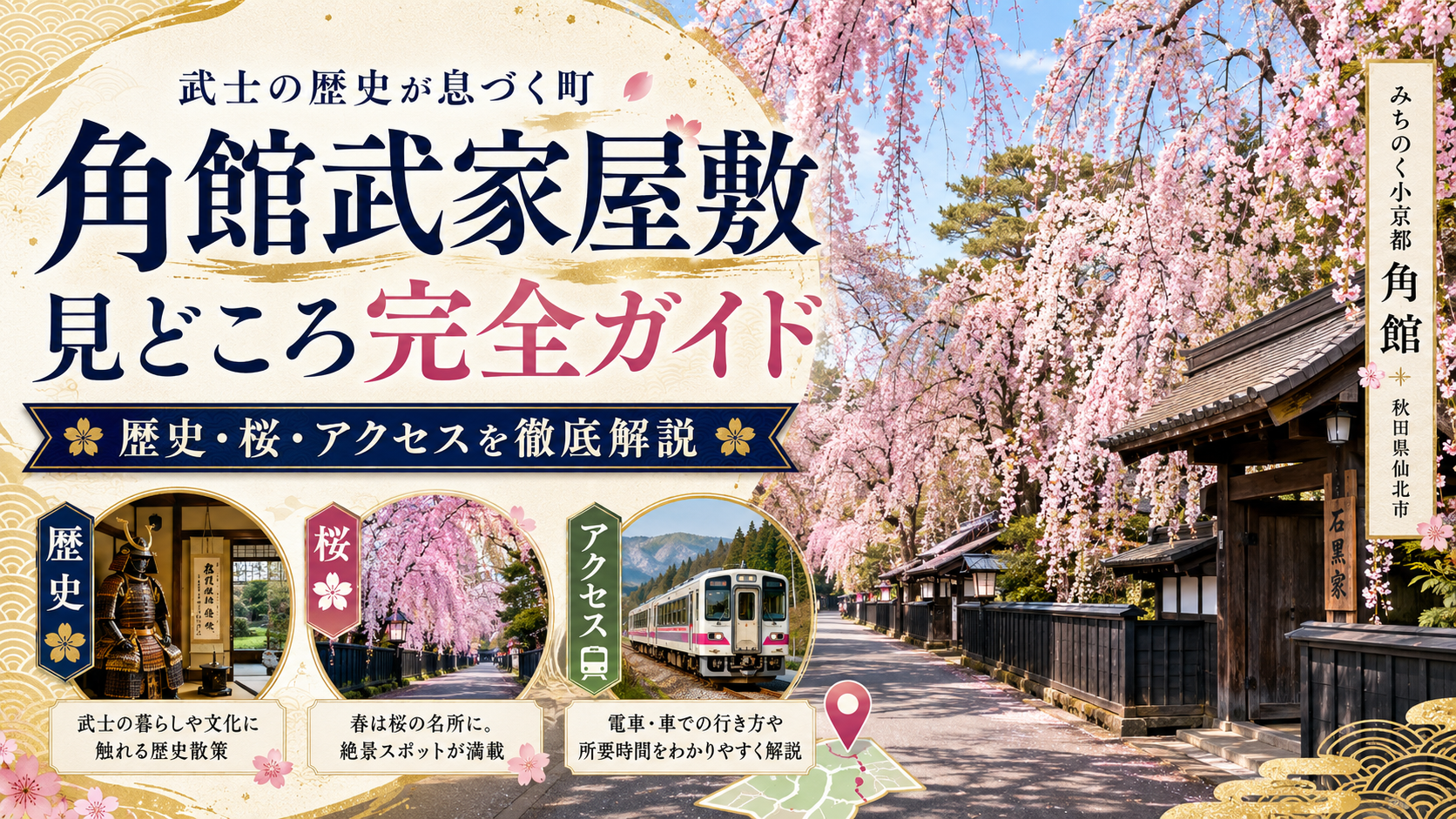 角館武家屋敷の春を彩る満開の桜の風景。舞い散る花びらの下、歴史ある建物や美しい庭園を人々が散策している様子が伺える。記事「角館武家屋敷 見どころ完全ガイド」のキービジュアル。