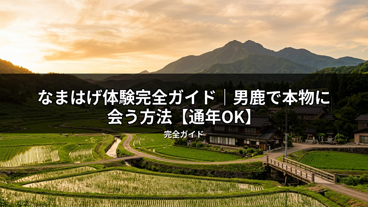 夕焼け空の下、水を湛えた棚田と緑豊かな山々、そして家屋が並ぶ日本の美しい里山風景。男鹿でのなまはげ体験への期待感を高める。