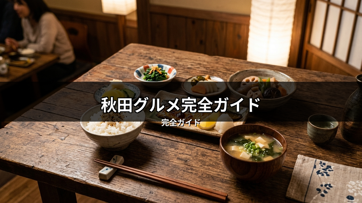 秋田県の伝統的な和食の膳が並ぶ食事風景。焼き魚や煮物、ご飯、味噌汁といった郷土料理が、温かい雰囲気の木製テーブルに用意されており、秋田のグルメ体験を想像させます。