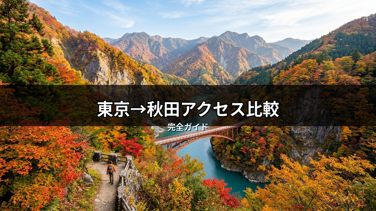 東京から秋田へのアクセス比較記事に最適な、秋の紅葉が燃えるような日本の美しい渓谷と山々。エメラルドグリーンの川にかかる橋とハイカーが、旅の魅力を伝える一枚。