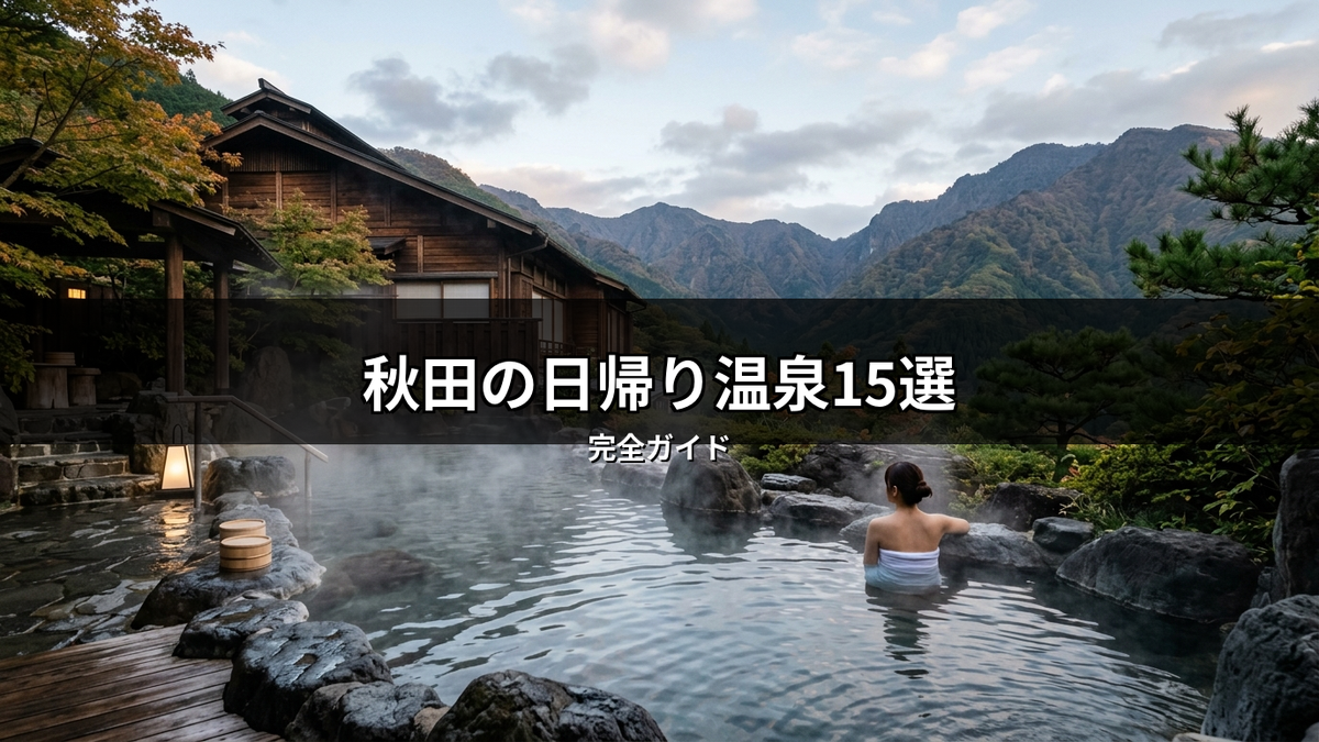 秋田の紅葉に囲まれた美しい露天風呂でくつろぐ女性。和風旅館の情緒あふれる雰囲気と湯気立つ温泉、雄大な山並みが魅力の日帰り温泉スポット。