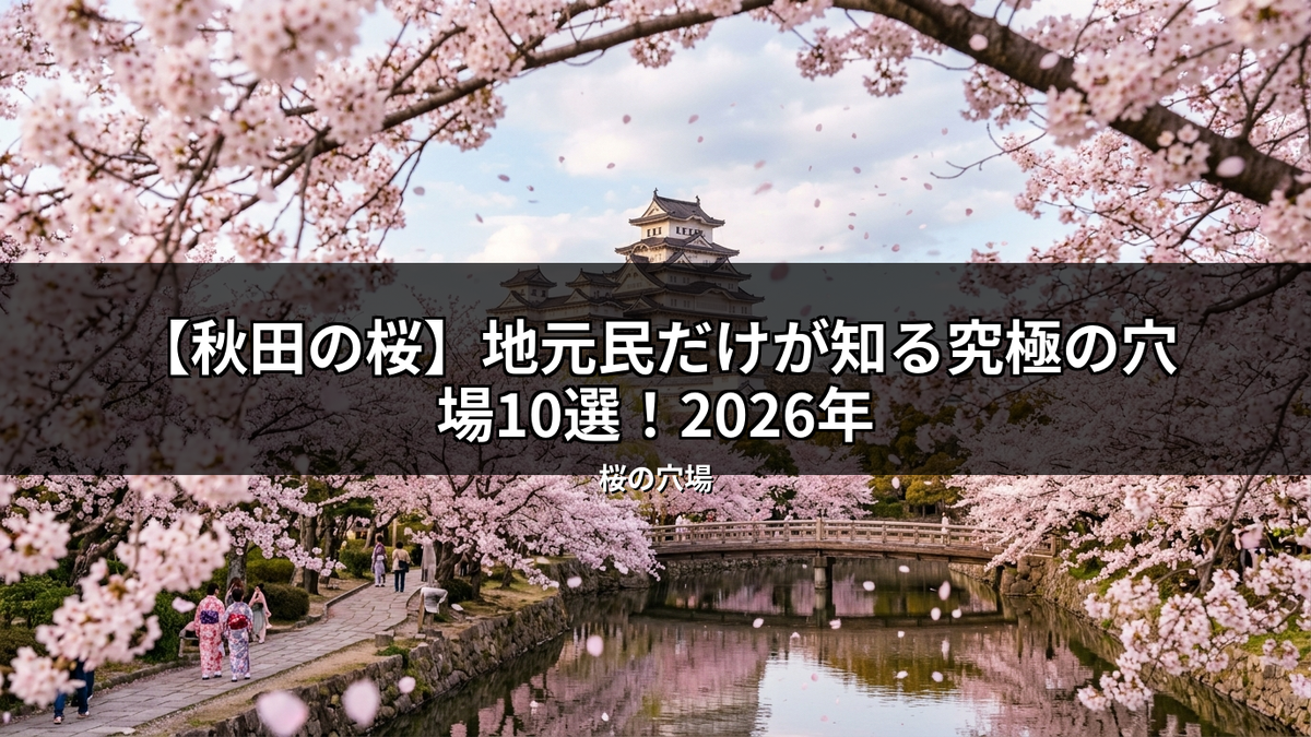 秋田の桜が満開の美しい春の風景。舞い散る桜の花びらが舞う中、お城を背景に水路沿いの桜並木を着物姿の人々が散策する様子。地元民に愛される秋田の桜の穴場10選を紹介する2026年版記事のイメージ画像。