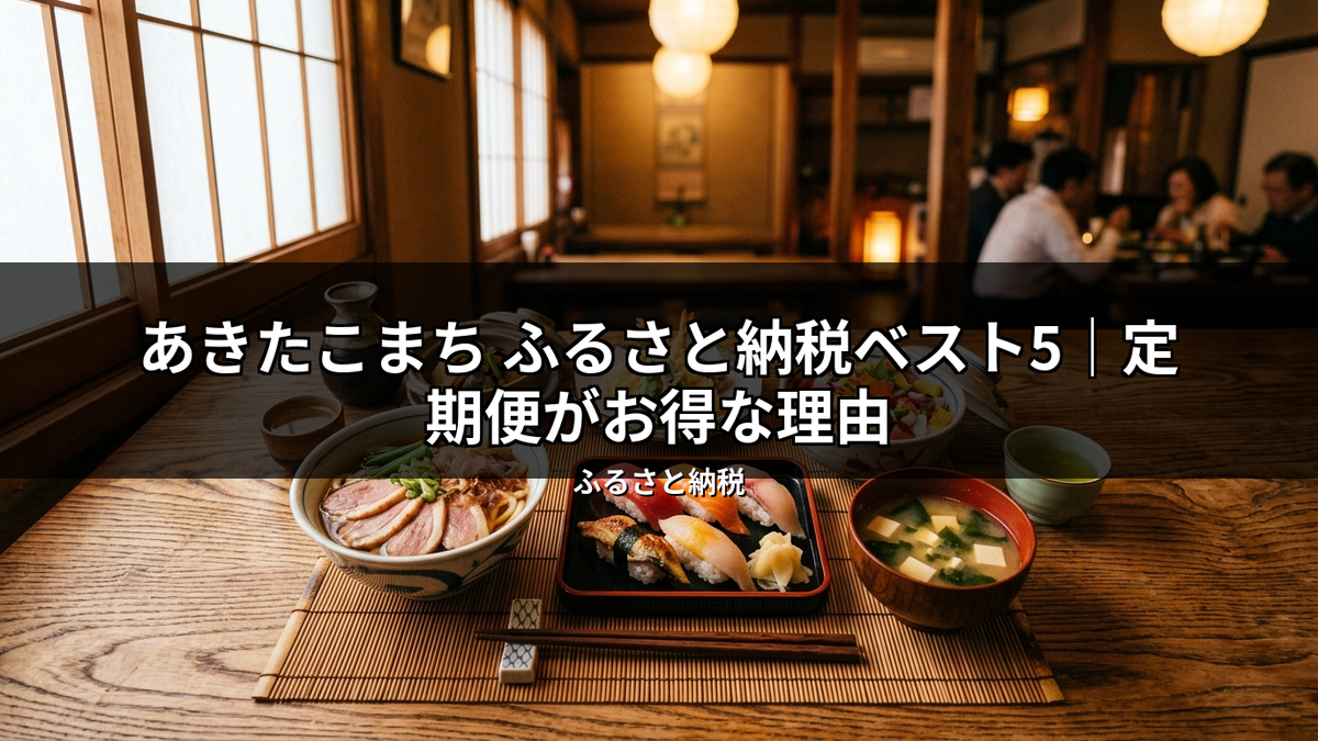 和風の温かい光が灯る店内で、鴨肉が乗ったうどん、握り寿司、味噌汁、お茶が並んだ食卓。ふるさと納税の「あきたこまち」定期便がお得な理由を解説する記事のイメージ画像。