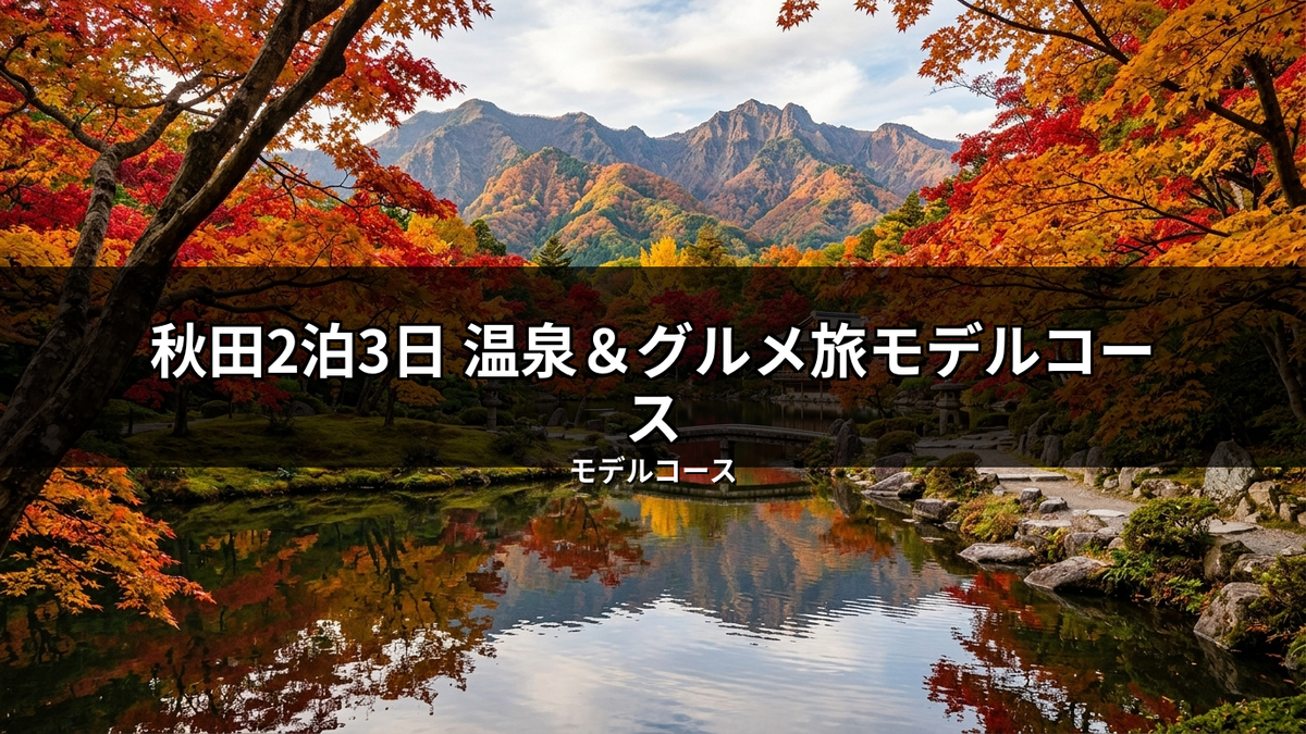 秋田2泊3日温泉＆グルメ旅モデルコースに最適な、紅葉が美しい秋の日本庭園。湖面に鮮やかに映り込む赤や黄色のモミジと、遠景に広がる壮大な紅葉の山々が織りなす絶景。