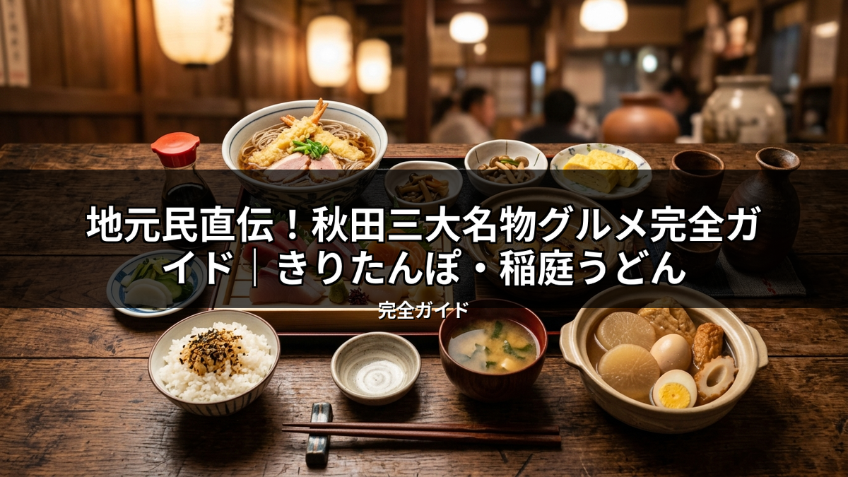 蕎麦やご飯、煮物などの和食が並ぶ木製テーブルの食事風景。秋田三大名物グルメであるきりたんぽや稲庭うどんの地元民直伝完全ガイド記事に最適な画像。