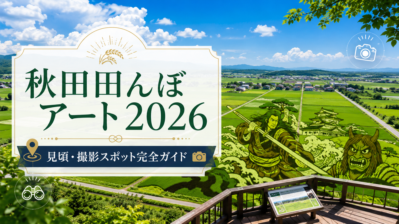 秋田田んぼアート2026｜見頃・撮影スポット完全ガイド」の文字が書かれたバナーと、鮮やかな紅葉の木々が水面に映る美しい庭園の風景。田んぼアートの鑑賞や撮影に役立つ情報を提供する記事のメイン画像。