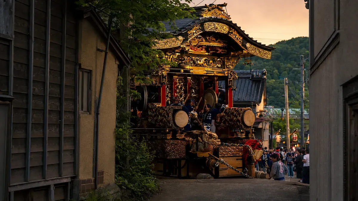 夕暮れの鹿角市街の路地から姿を現す金箔と漆の巨大な祭りの屋台、秋田県鹿角市。