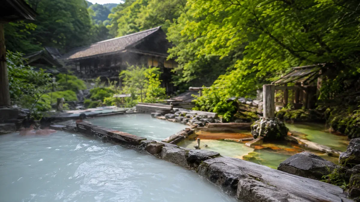 秋田県乳頭温泉郷へ向かうブナ林の道、夏の木々の間から見える湯煙とバス。