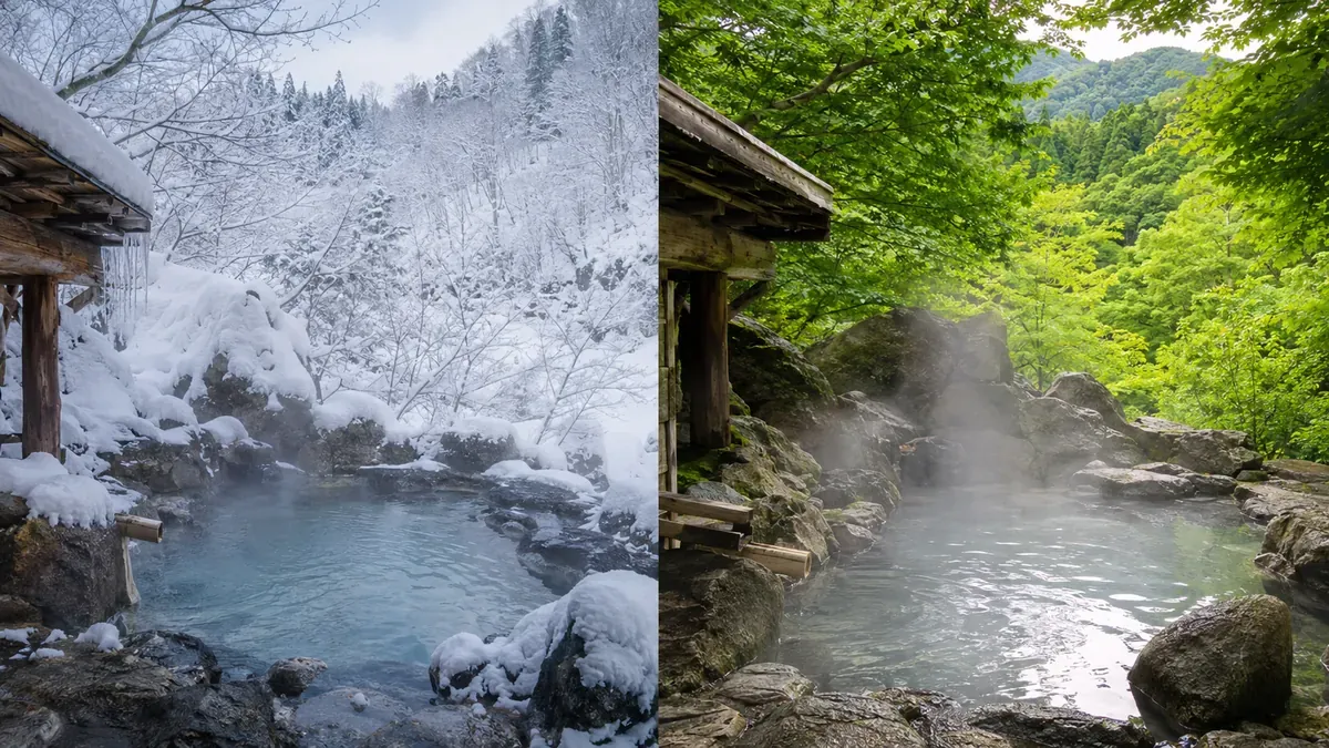 冬の雪景色と春の新緑で表情を変える秋田県乳頭温泉郷の露天風呂の比較