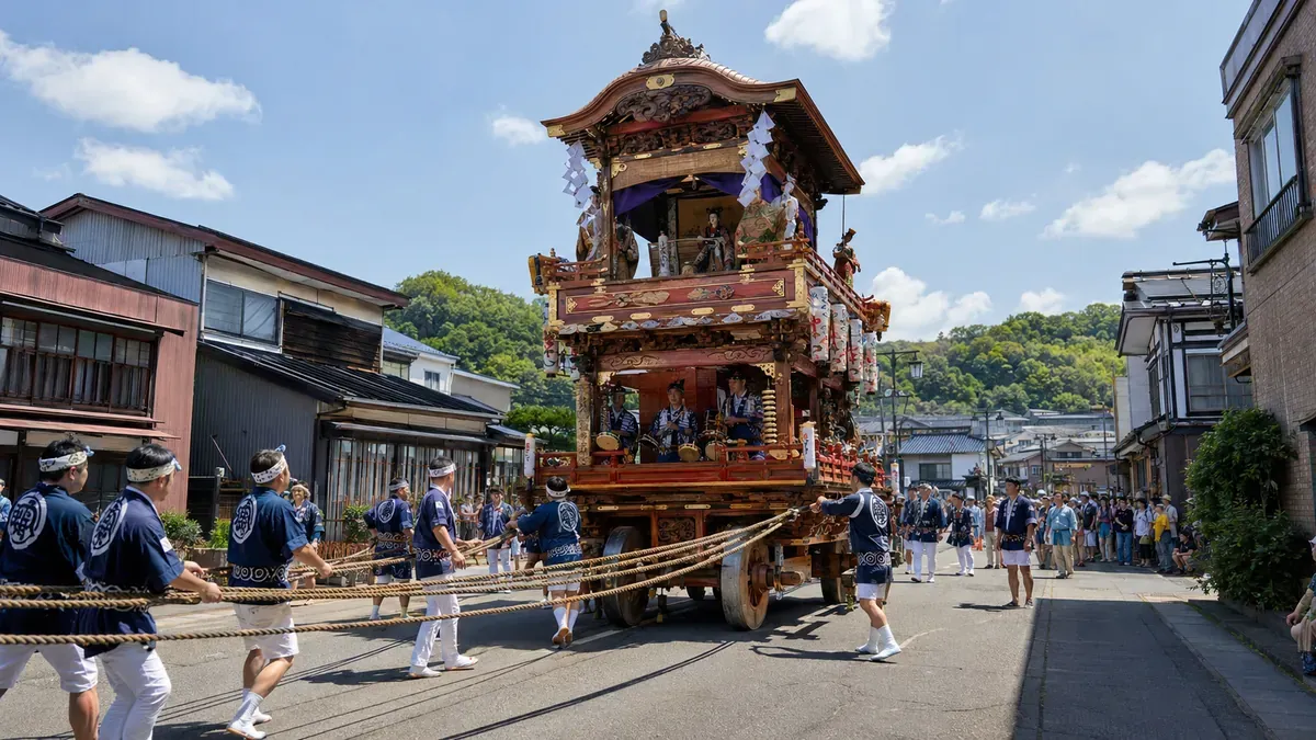 夏の秋田市、土崎港曳山まつりで夜道をゆっくりと進む、提灯に照らされた巨大な曳山。