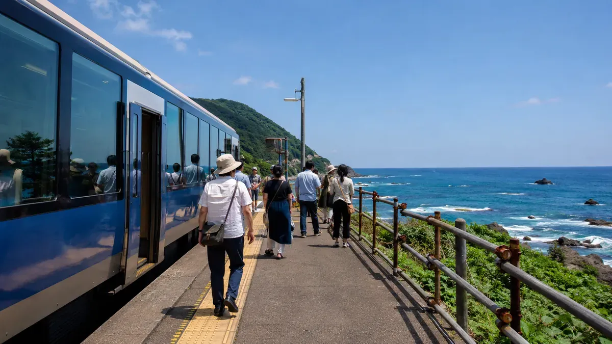 夏の秋田県五能線沿線の駅ホームで潮風を感じるリゾートしらかみ乗客