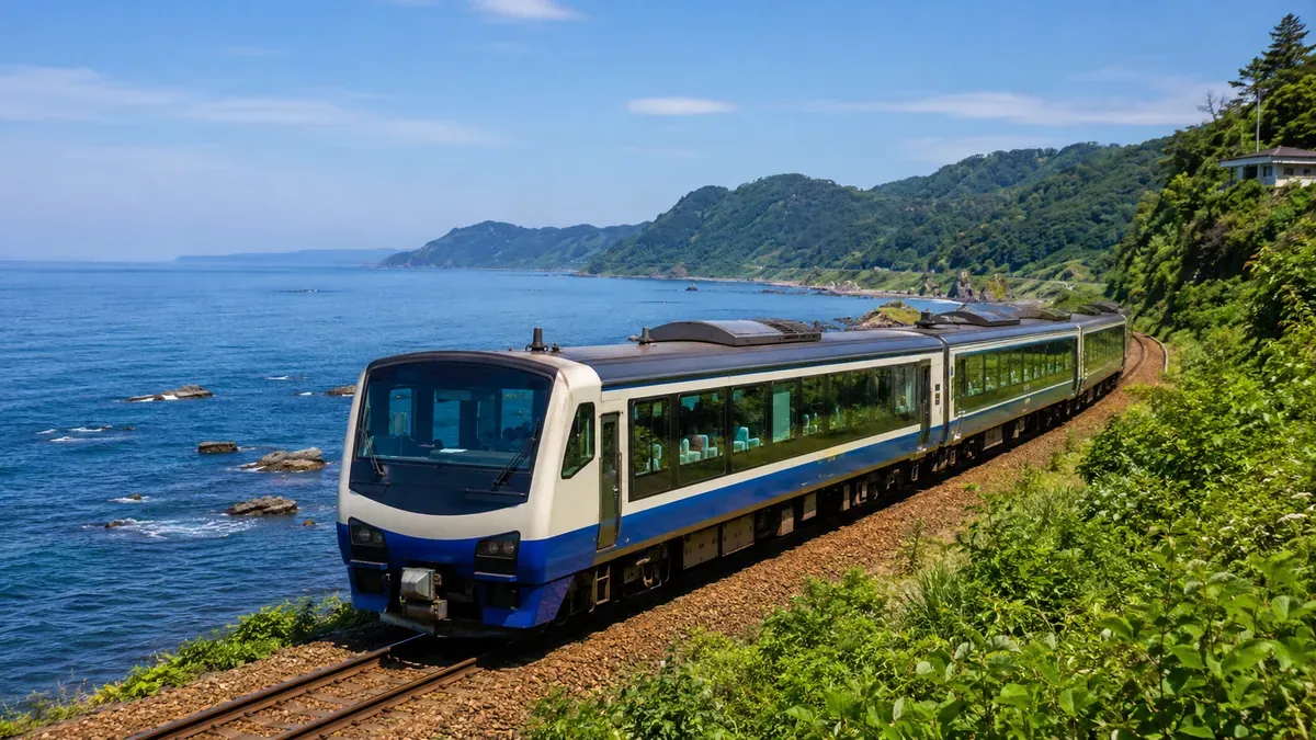 夏の秋田県五能線でトンネルを抜けて日本海が広がるリゾートしらかみ「橅」編成