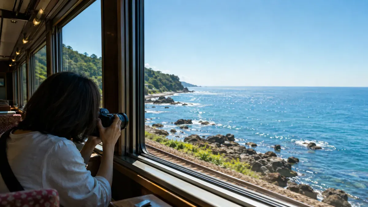 夏の秋田県五能線を走るリゾートしらかみ車窓から日本海を撮影する乗客